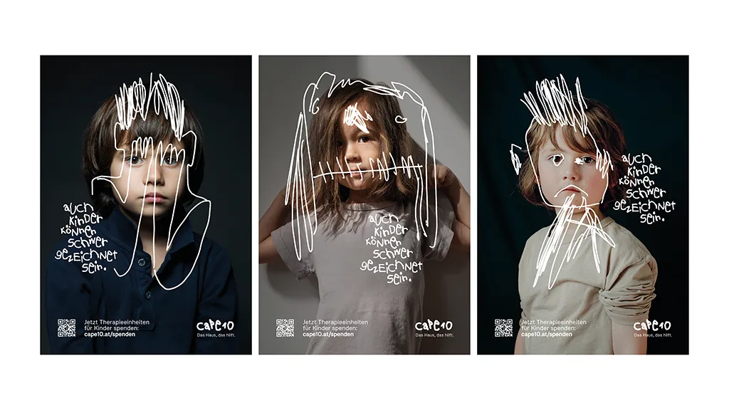 Drei Kinderporträts mit Kritzeleien, Slogan: "Auch Kinder können schwer gezeichnet sein." Kampagne von CAPE 10.