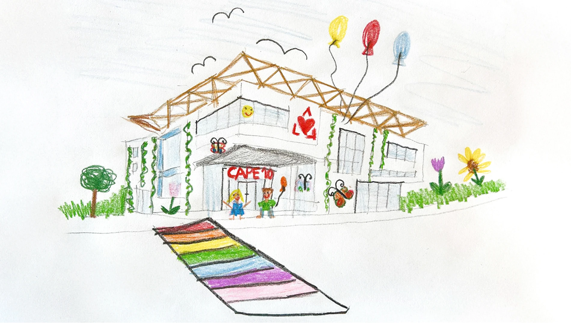 Kinderzeichnung des CAPE 10-Hauses mit buntem Weg, Ballons, Blumen und zwei fröhlichen Kindern vor dem Eingang.