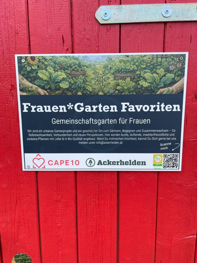 Informationsschild: Frauen*Garten Favoriten