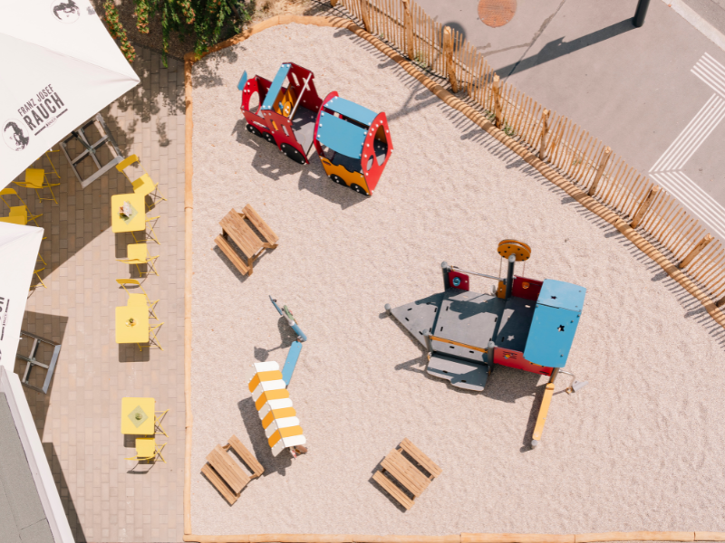 Außenansicht von oben fotografiert: Spielplatz im Gastgarten des Michls deli